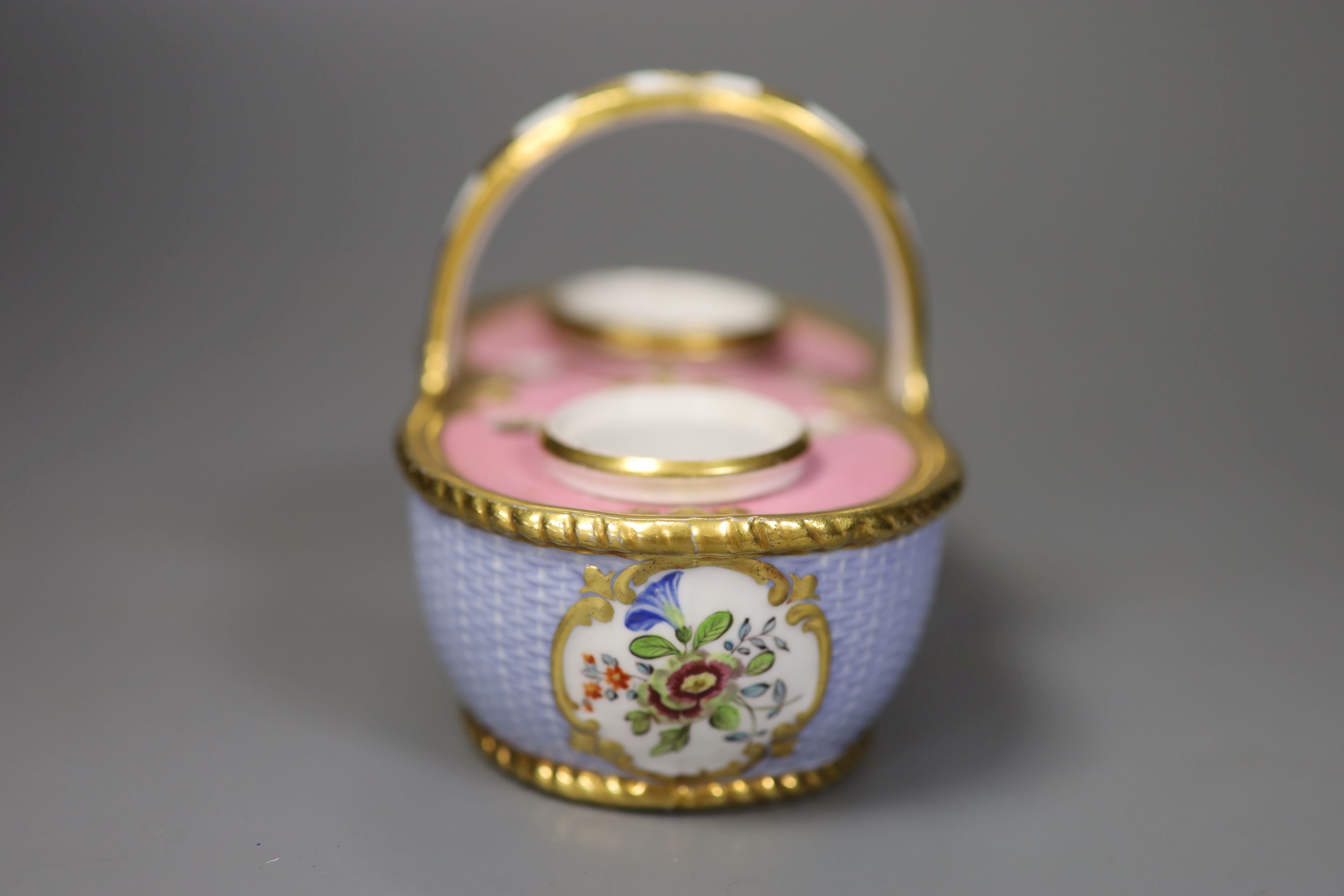 A Spode inkstand with basket weave moulding painted in blue having a landscape in gilt panels on each side c. 1820 Spode 2448 Strachan